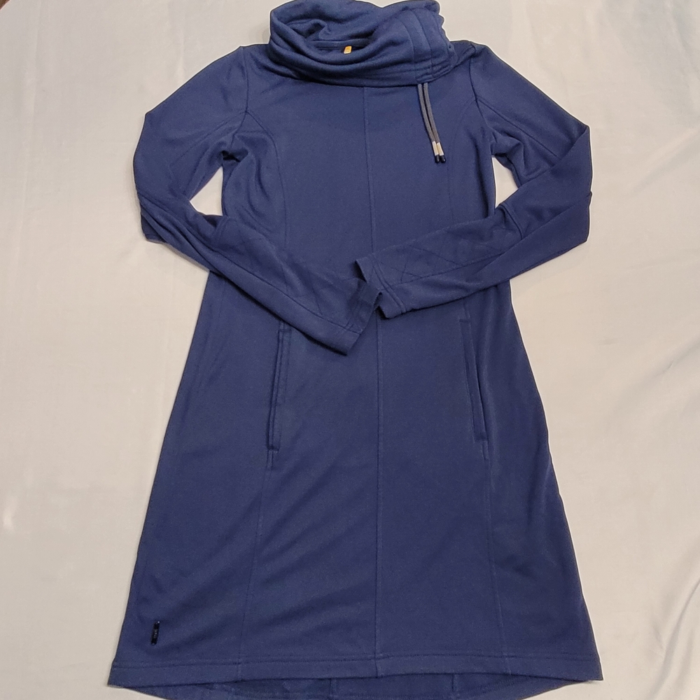Lolë Blue Cowl Neck Athleisure Dress Long Sleeve Yoga Travel Tunic Pockets